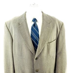 Adolfo Silk Wool 3 Button Sport‎ Coat 44R Black Tan Nailshead Check